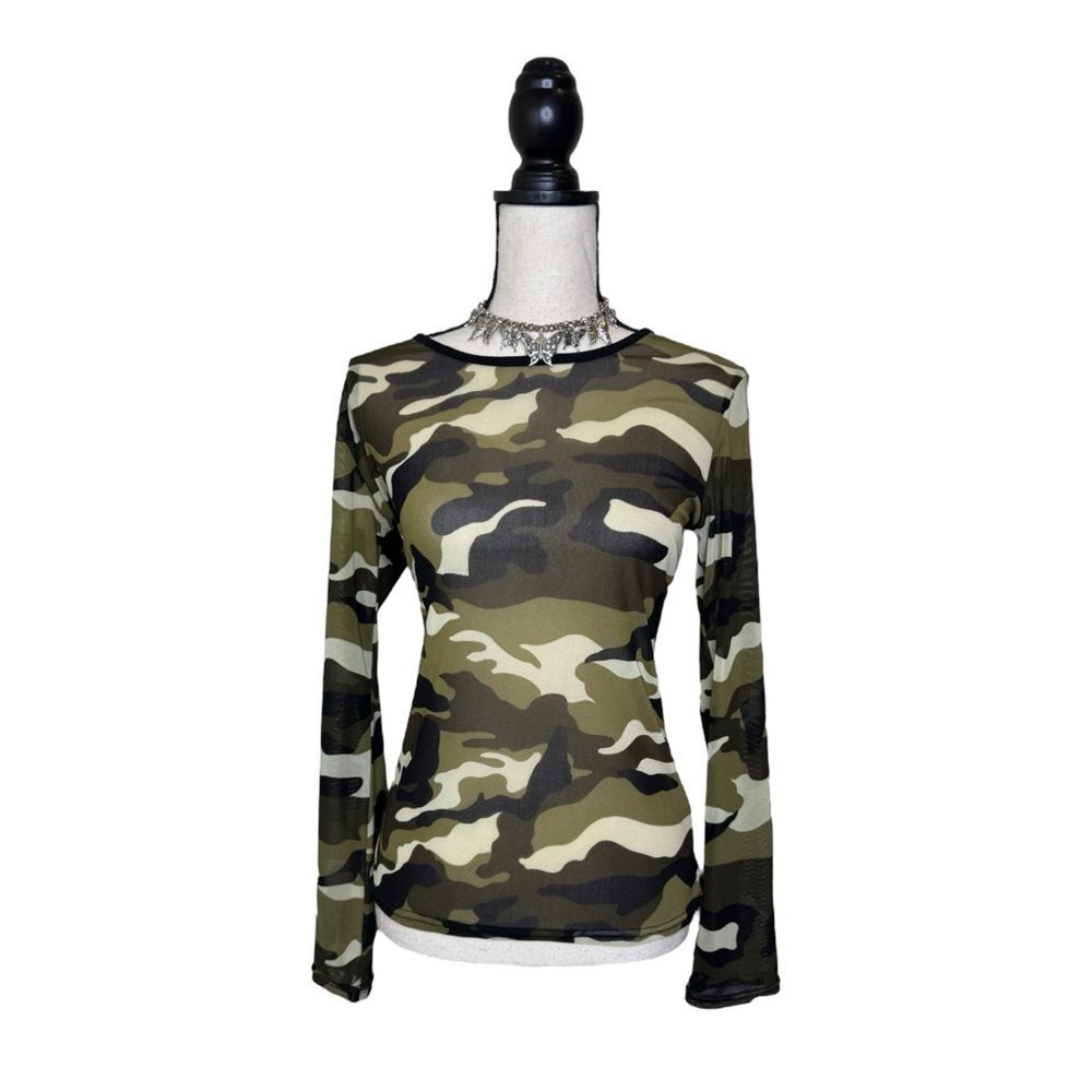 Y2K Be Girl Green Camo Long Sleeve Mesh Top Size Large
